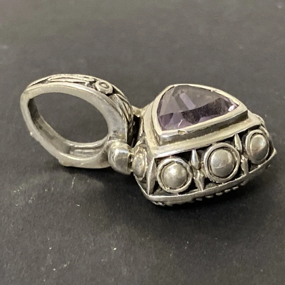 Vintage Sterling Silver & Faceted Amethyst Gemstone Pendant Necklace Bali Style